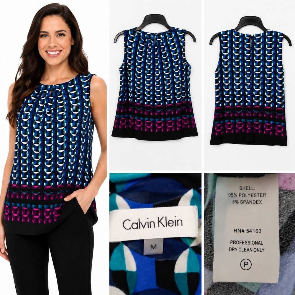 Calvin Klein M Geometric Sleeveless Blouse Blue Purple
